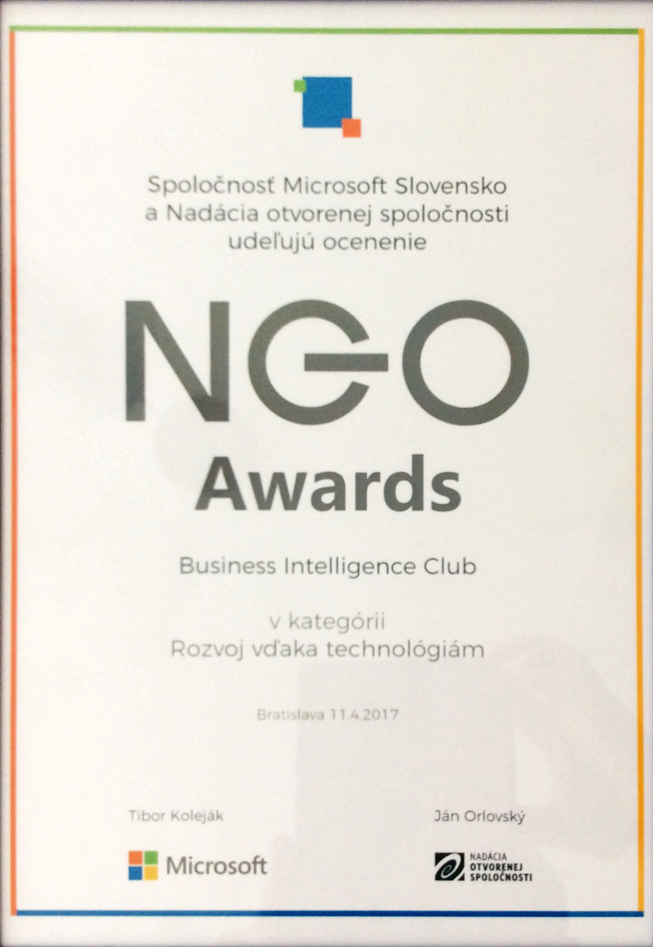 Business Intelligence Club, o. z. získal ocenie NGO Awards 2017 za technológie využívané pre Prohuman, Prosurvey, Projustice